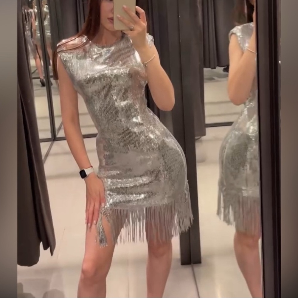 Zara Silver Sequin Fringe Mini Dress